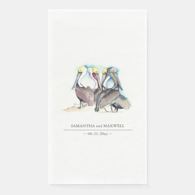Watercolor Pelicans Beach Wedding Napkin (Front)