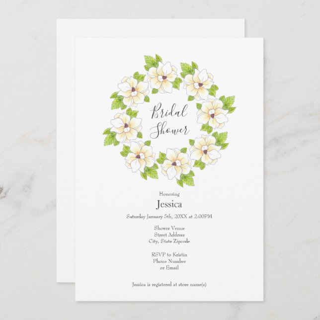 Watercolor, Pen & Ink Magnolia Wreath  Invitation (Front/Back)