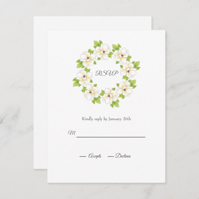 Watercolor, Pen & Ink Magnolia Wreath  RSVP Card (Front/Back)
