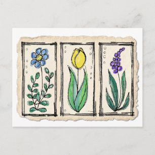 Watercolor Pen & Ink Sketch Flowers Postcard