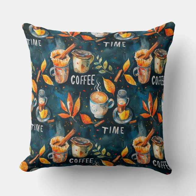 Watercolor pencil ink coffee cups, pots, cinnamon, cushion (Front)