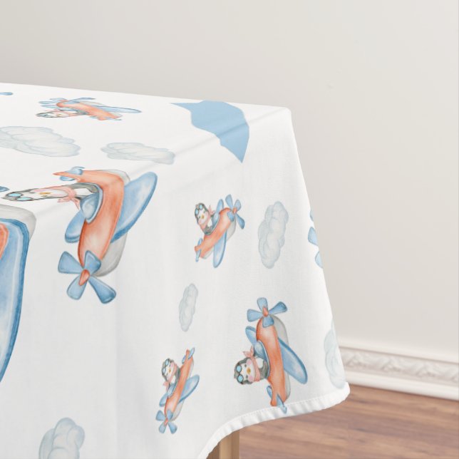 Watercolor Penguin Aeroplane Party Tablecloth (In Situ)