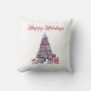 Watercolor Penguin Black Red Happy Holidays Cushion
