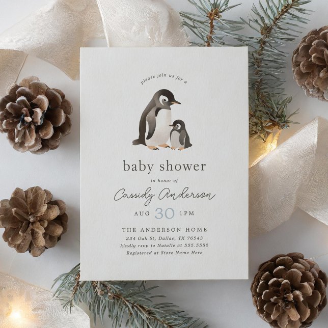 Watercolor Penguin Boy Baby Shower Invitation (Creator Uploaded)