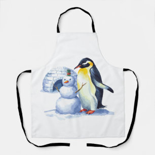 Watercolor Penguin building a snowmen Apron