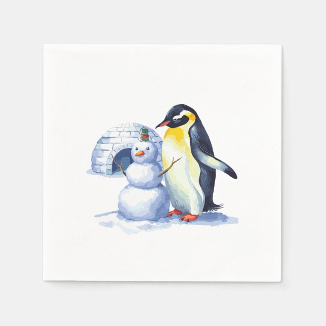 Watercolor Penguin building a snowmen Napkin (Front)