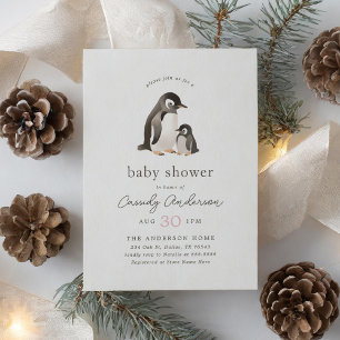 Watercolor Penguin Girl Baby Shower Invitation