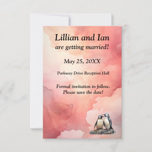 Watercolor Penguin Simple Style Red Save the Date (Front)