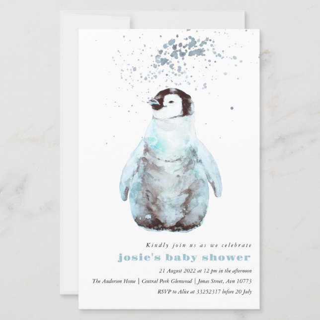 Watercolor Penguin Winter Baby Shower Invitation (Front)