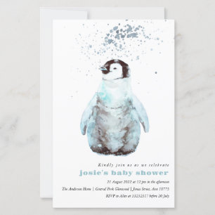 Watercolor Penguin Winter Baby Shower Invitation