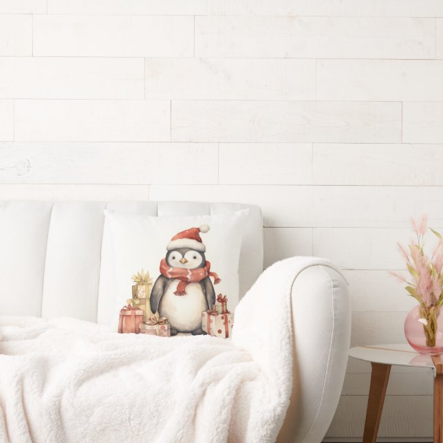 Watercolor Penguin With Holiday Gifts Cushion (Couch)