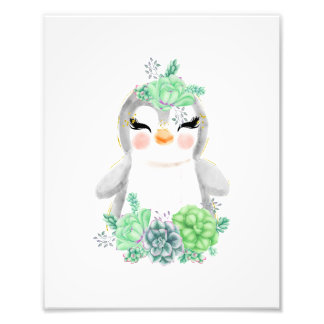 Watercolor Penguin with Succulents Photo Print