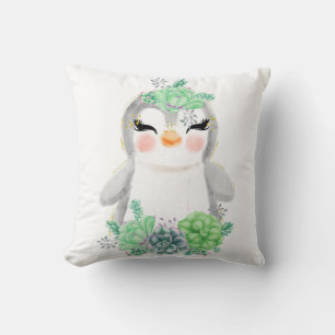 Watercolor Penguin with Succulents Throw Pillow