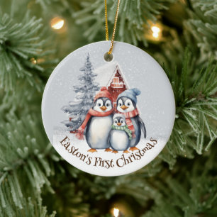 Watercolor Penguins Family Baby's First Christmas  Ceramic Ornament