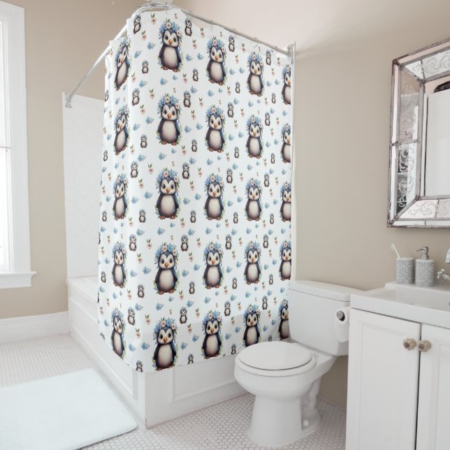 Watercolor Penguins Pattern on White Shower Curtain (In Situ)