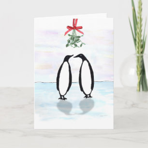 Watercolor Penguins with Holiday Mistletoe Card