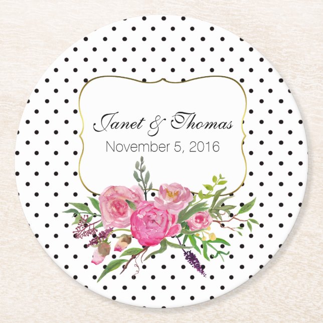 Watercolor Peonies and Dots Wedding Paper Coasters (Front)