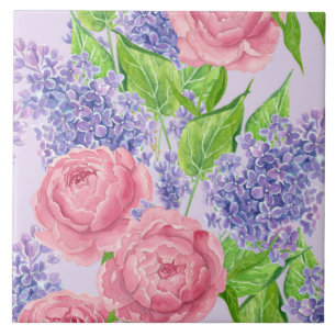 Watercolor peonies and lilacs ceramic tile