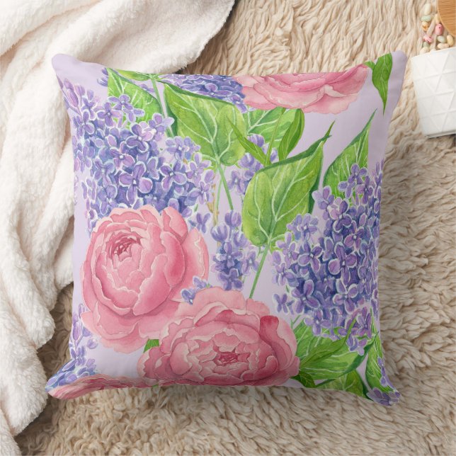 Watercolor peonies and lilacs cushion (Blanket)
