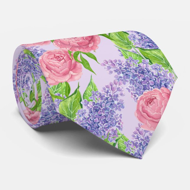 Watercolor peonies and lilacs tie (Rolled)