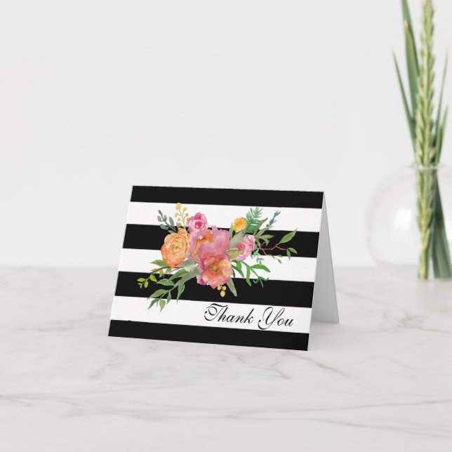 Watercolor Peonies and Stripes Thank You Note Card (Front)