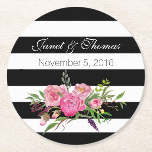 Watercolor Peonies and Stripes Wedding Coasters