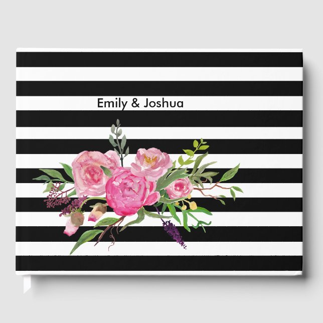 Watercolor Peonies and Stripes Wedding Guest Book (Front)