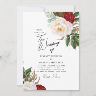 Watercolor Peonies Customisable White Wedding Invitation