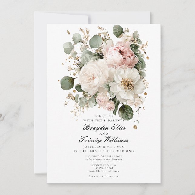 Watercolor peonies elegant wedding invitation (Front)