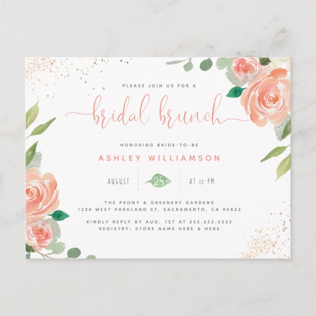Watercolor Peonies Eucalyptus Bridal Shower Brunch Invitation Postcard (Front)