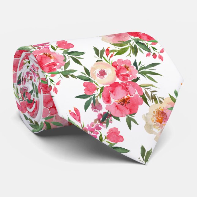 Watercolor Peonies Floral Summer Tie (Rolled)