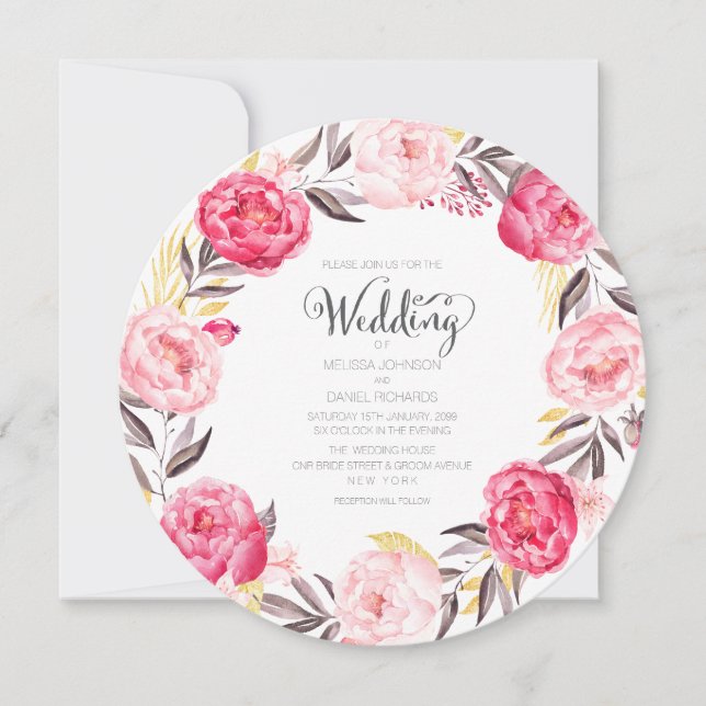 Watercolor Peonies Floral Wreath Wedding Invite (Front)