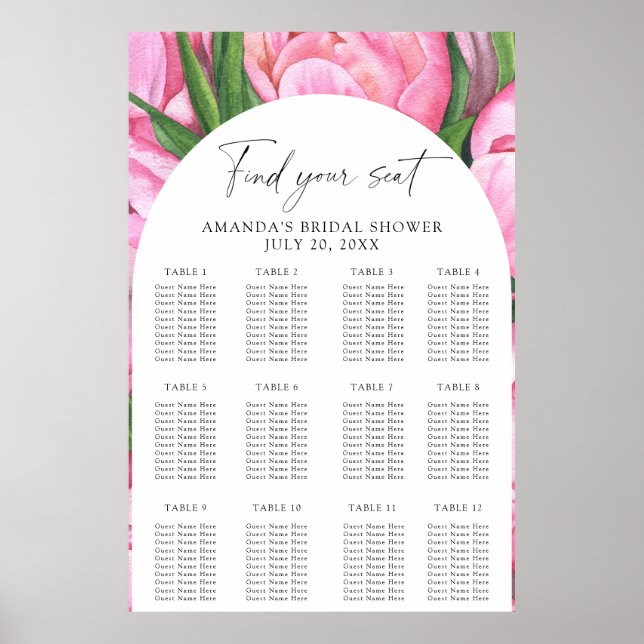 Watercolor peonies flowers seating chart (Front)