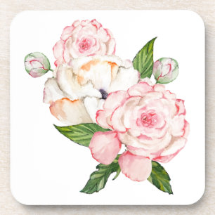 Watercolor peonies in tender colours ceramic coaster