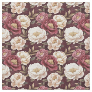 Watercolor Peonies on Burgundy Fabric