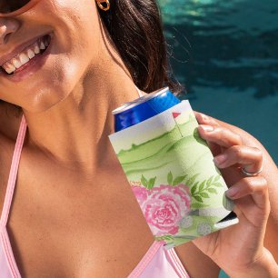 Watercolor Peonies On Golf Course Can Cooler