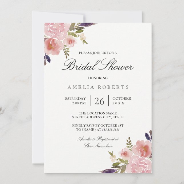 Watercolor Peonies Pink Purple Bridal Shower Invitation (Front)