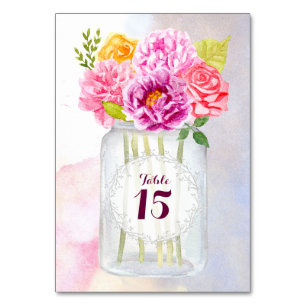 Watercolor Peonies Roses Rustic Mason Jar Wedding Table Number