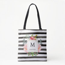 Watercolor Peonies with Black Stripes and Monogram