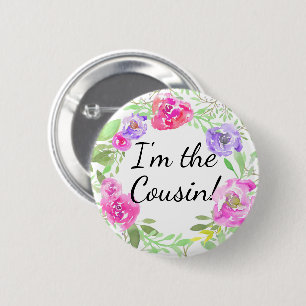 Watercolor Peony Baby Shower I am Cousin Name Tag 6 Cm Round Badge