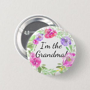 Watercolor Peony Baby Shower I am Grandma Name Tag 6 Cm Round Badge
