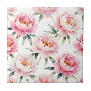 Watercolor Peony Blush Floral Pattern Ceramic Tile
