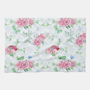 watercolor peony,butterfly watercolor tea towel