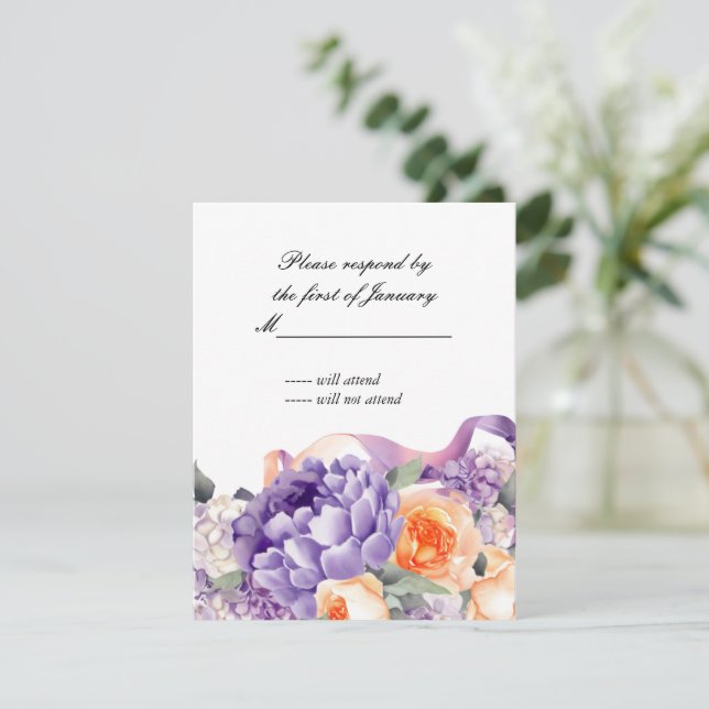 Watercolor Peony Dusty Mauve Peach Reply Card (Standing Front)