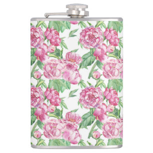 Watercolor peony field hip flask