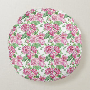 Watercolor peony field round cushion