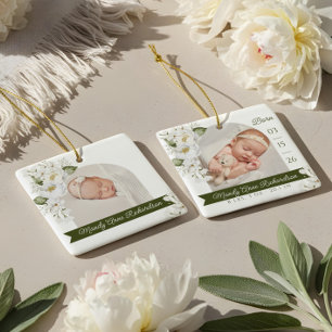 Watercolor Peony Floral Baby Birth Stats Photo Ceramic Ornament
