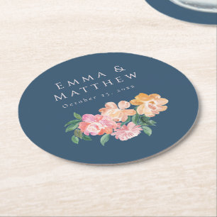 Watercolor Peony Floral Maximalist Blue Wedding Round Paper Coaster