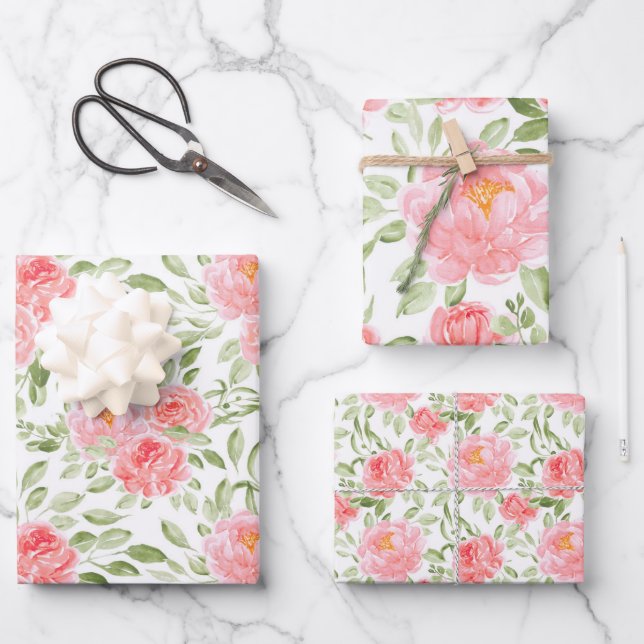 Watercolor Peony Floral Pattern Wrapping Paper Sheet (Front)