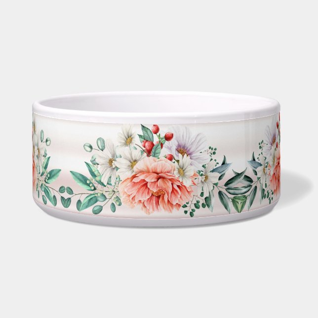 Watercolor Peony Flower Ceramic Pet Bowl (Front)